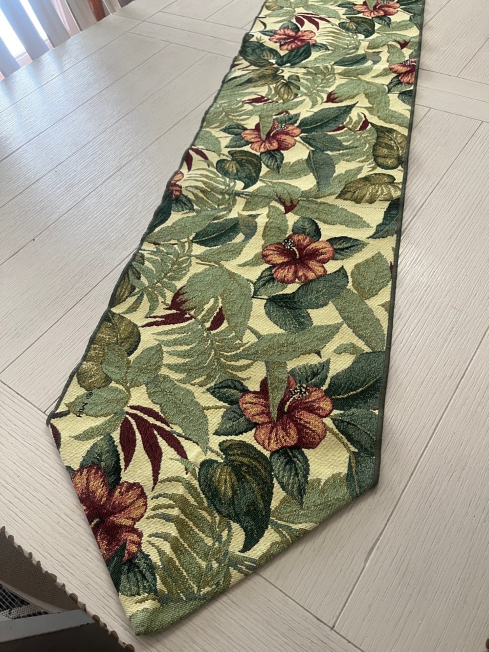 Vintage Tapestry Table Runner Greens & Reds Floral Tropical Print 69”